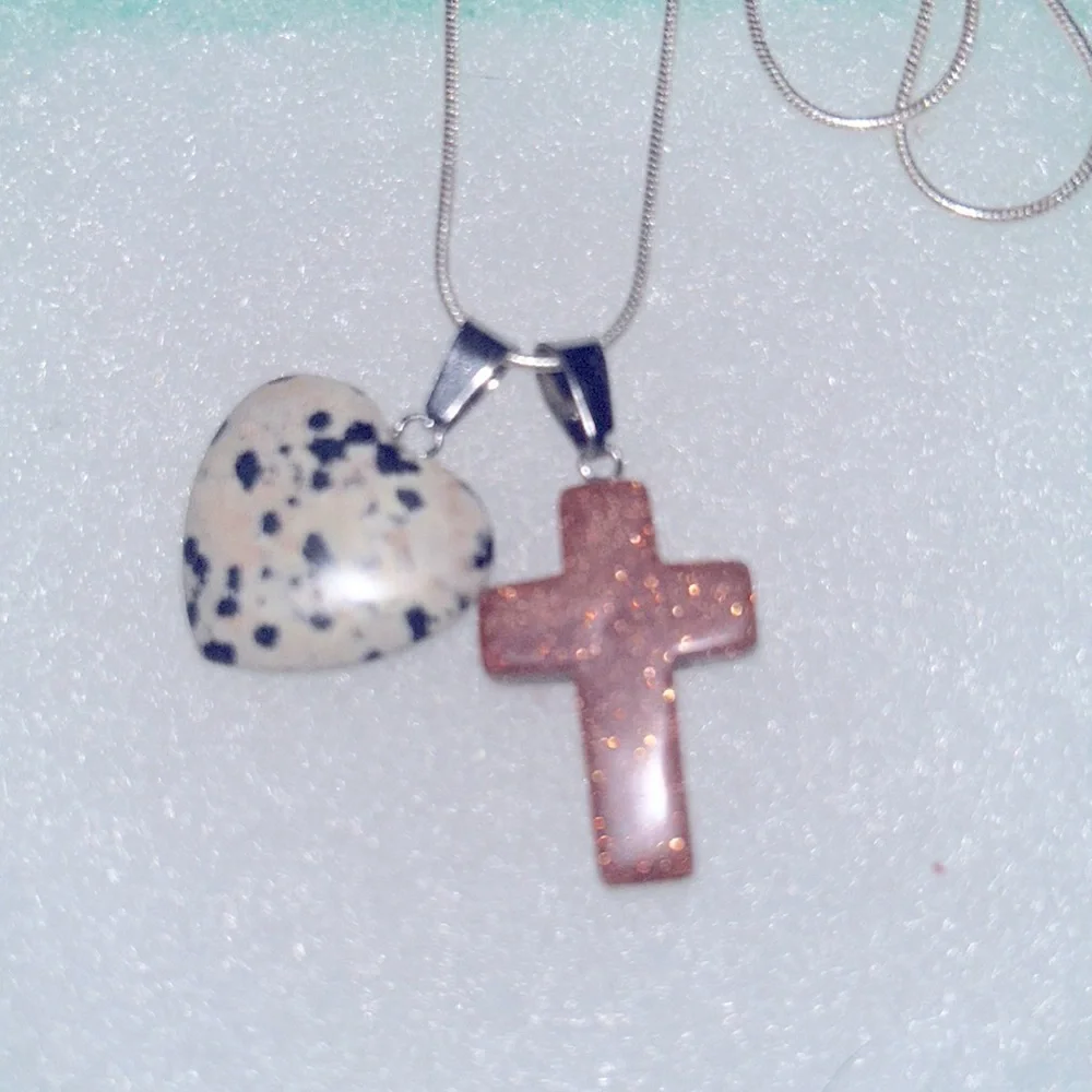 Boho Hippie Tigers Eye Cross Dalmatian Jasper Heart Sterling Silver Necklace 24”